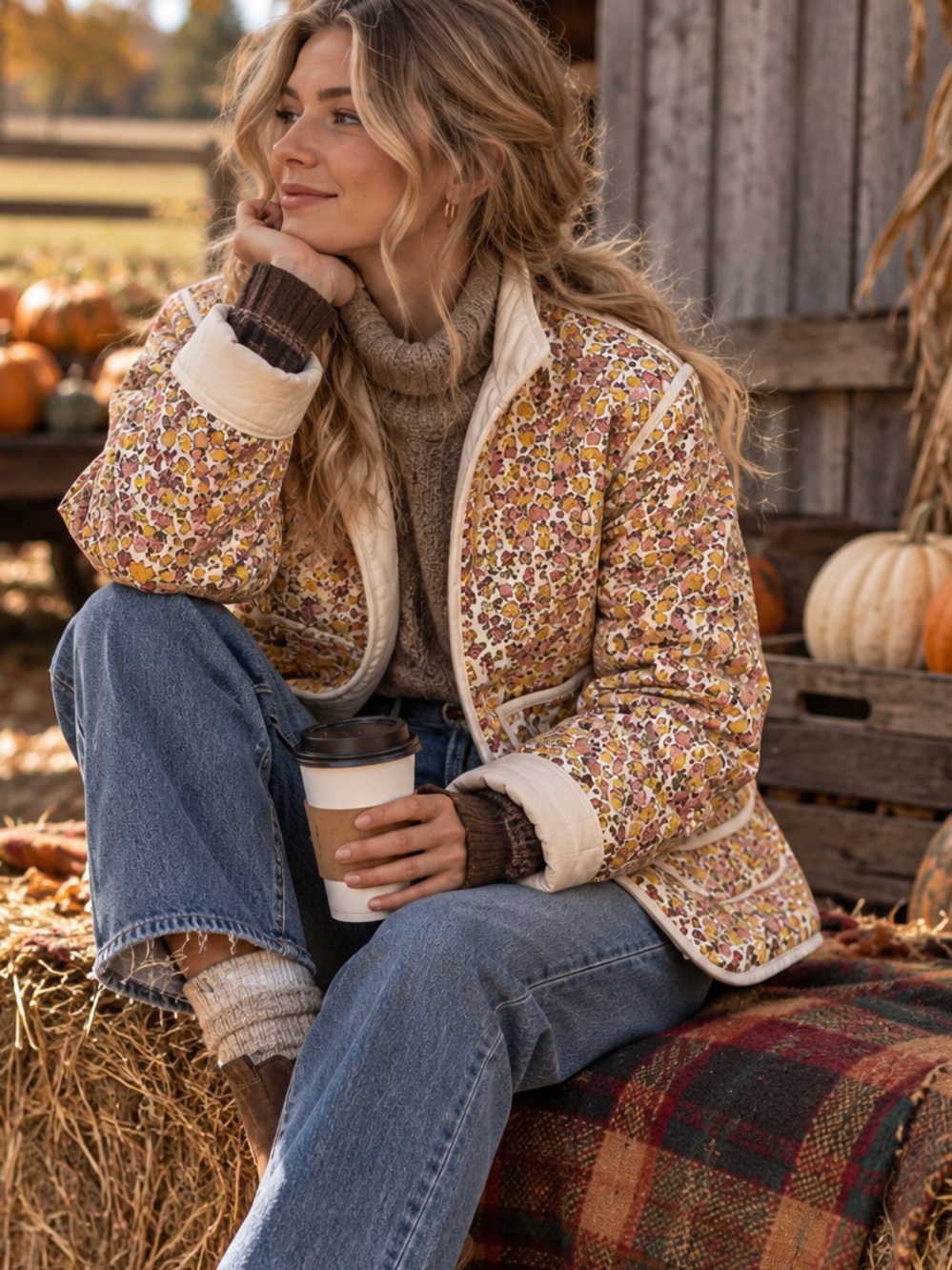 Women’s Floral Quilted Jacket — Pink & Yellow